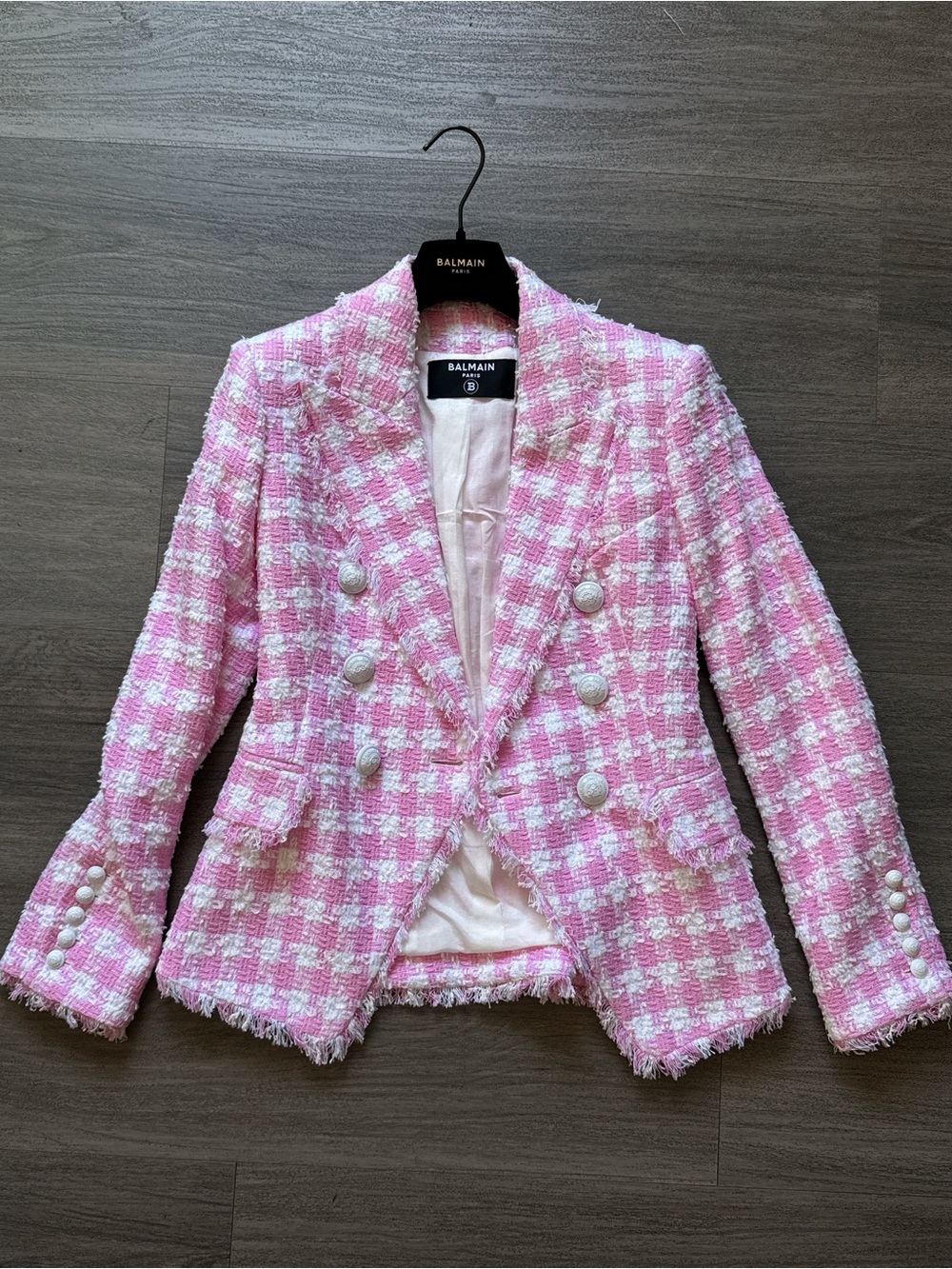Balmain Pink & White Tweed Double-Breasted Blazer